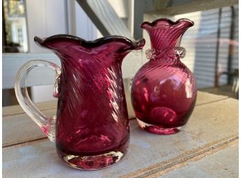 Vintage Cranberry Glass Vase: A Vase & A Pitcher
