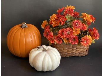 Autumnal Display: Faux Pumpkins & Floral