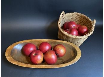 A Vintage Vermont Dough Bowl & A Handled Basket Full Of Faux Apples