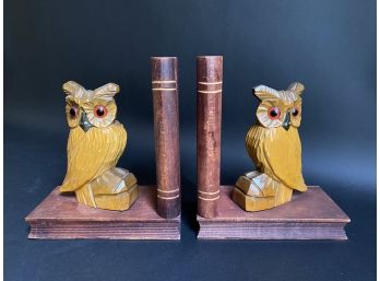 Vintage Mid-Century Carved Wise Owl Bookends