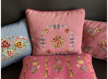 Four Vintage Handcrafted Needlepoint Pillows
