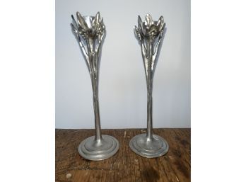 Signed Castor Cooper, Two 8  Pewter Candle Sticks