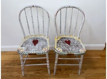 Two Hand Painted Chairs With Heart 15.5x15.5x18' Seat 34.5' Back