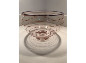 Signed Jen Violette Glass Bowl 6.75x5' Red Spiral On Clear With Purple Rim