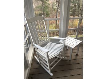 Rocking Chair And Table Wood Painted White 25x45x32 Used In Screened In Porch Some Weathering Still Solid