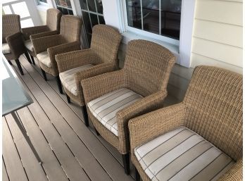 Wicker And Metal Six (6) Arm Chairs 26x36x22 Well Made Plastic Wicker Very Nice Solid Seats Comfy Cushions