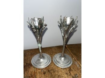 Signed Castor Cooper, Two 5.5' Pewter Candle Sticks