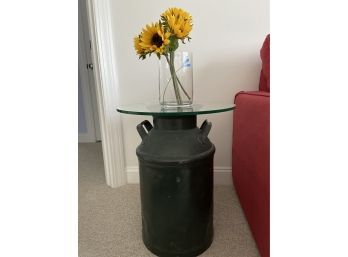 Milk Can Glass End Table 19x23'  With Hand Painted Glass Vase And Faux  Sunflowers