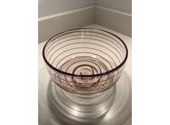 Signed Jen Violette Glass Bowl 7x4.25' Red Spiral On Clear With Purple Rim