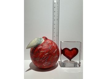 Not So Fragile, Red Heart In Glass Cube, Red Decorative Bird Of Sorts, Made In Italy