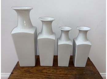 Four White Square Vases 3x3x10' To 4x4x15'
