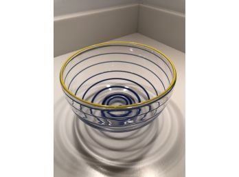 Signed Jen Violette Glass Bowl 5.75x3.5' Blue Spiral On Clear Yellow Rim