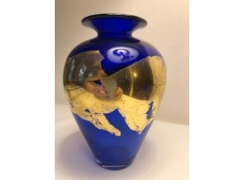 Deep Blue Gold Leaf Vase Signed By Artist Vitrix And Dated