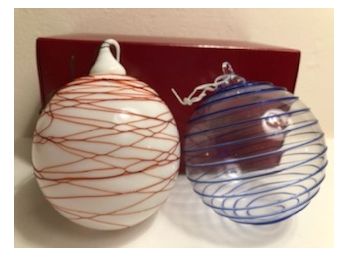 Two  Hand BlownGlass Ornaments White/red And Blue/blue