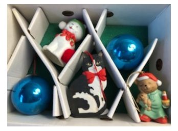 Five Ornaments - Cat, Snowman, Bear