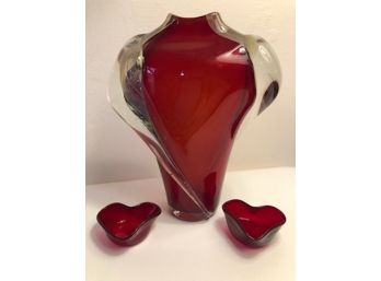 Signed Vitrix Red Heart Art Glass Vase And Dishes