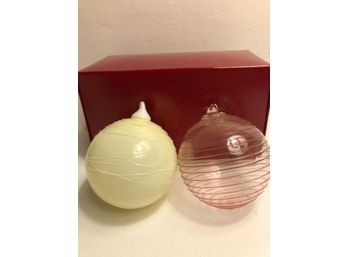 Two Glass Ornaments White/white & Red/clear