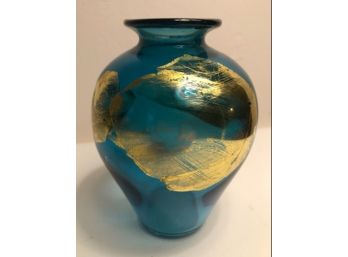 Aqua Blue Gold Leaf Vase Hand Blown Signed By Artist And Dated