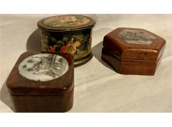 2 Wooden Trinket Boxes With Mother Of Pearl Inlaid With Asian Pictures  And Hand Painted Russian Box