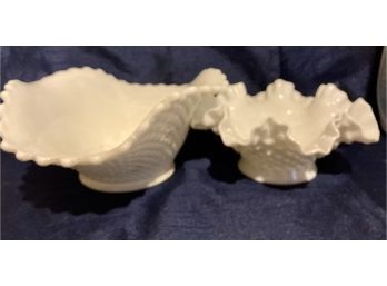 2 Milk Glass Bowls One Is Hobnail Both With Feathered Edges