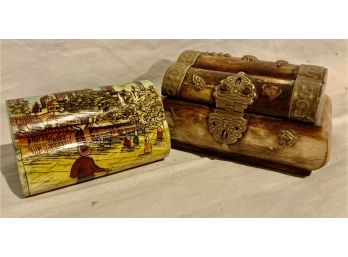 A Bone Box With Brass Hinges And Edging, Bone Hand Painted Looks Like It Might Open  & Russian Painted Box