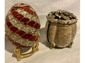 2 Beautiful Items A Silver Trinket Box And A Red And White Egg With Stand