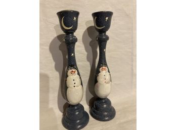 Nice Pair Of Hand Painted Snowman Candlesticks