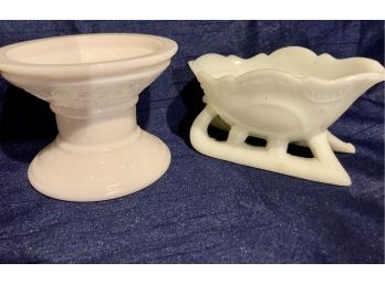 Milk Glass Sleigh And Milk Glass Candle Holder