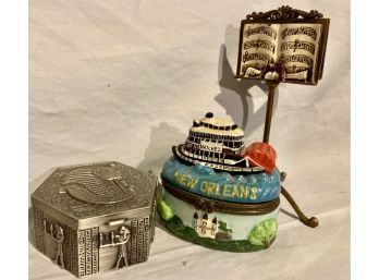 Egyptian Trinket Box, New Orleans Trinket Box And A Metal And Porcelain Music Stand