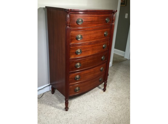 Fantastic Vintage 1940s Bow Front Tall Mahogany Six Drawer Chest With Carvings - Brass Hepplewhite Pulls