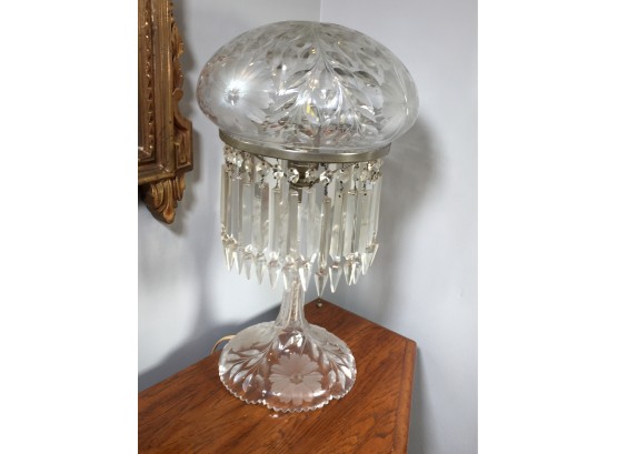 Spectacular Antique Cut & Etched Mushroom Lamp With Crystal Drops - Absolutely Beautiful Antique Piece