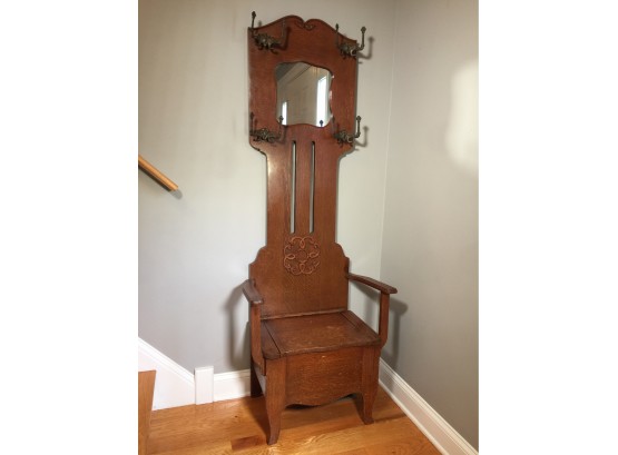Great Antique Solid Oak Victorian Hall Tree With Mirror & Ornate Iron Hooks 1880-1920 With Storage Under Seat