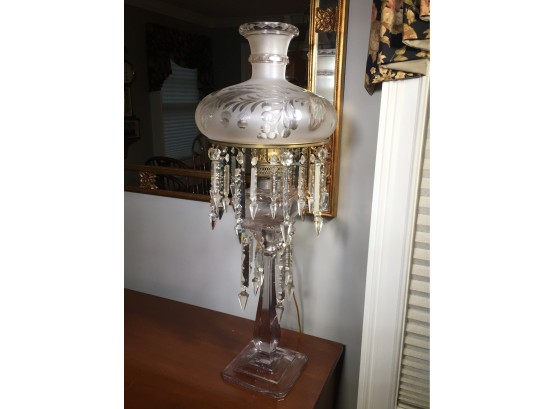 Fantastic Tall Antique Cut & Etched Mushroom Lamp With Crystal Drops - Very Unusual Piece - GREAT SIZE !