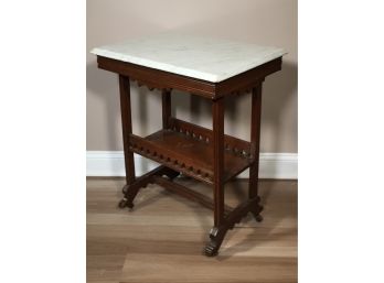 Lovely Eastlake Victorian Marble Top Side Table With Gingerbread - 1875-95 - Great Table - Needs Minor Repair
