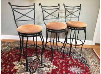 Three Iron Swivel Kitchen / Bar Stools - Excellent Condition - Self Centering Seats - Neutral Cloth Fabric