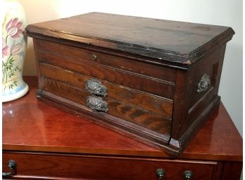 Antique Oak Tool Box - 1880-1900 - Two Drawers With Lift Top - GREAT PATINA - Great For Jewelry / Silver Chest