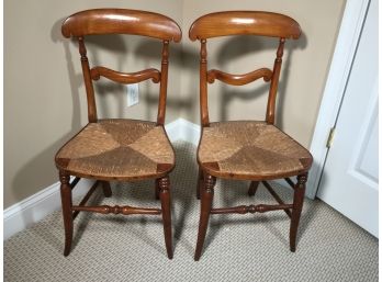Two Fabulous Antique French Country Fruitwood Side Chairs - 1870-1890 - Wonderful Delicate Lines - Rush Seats