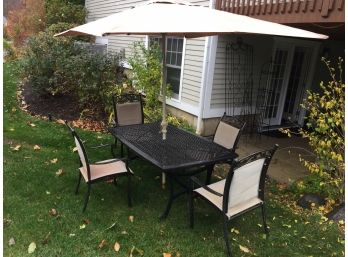 Fantastic Outdoor Cast Aluminium Patio Set With Four Chairs And Umbrella - Great Set - Very Good Quality