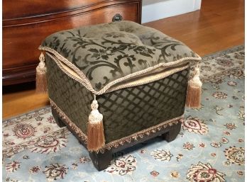 Lovely Square Footstool / Ottoman - Olive Green Brocade Material With Gold Tassels - Nice Decorative Piece