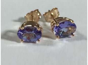 Fabulous 14K Yellow Gold & Tanzanite Earrings - Beautiful Color - Oval Faceted Cut Stones - GREAT GIFT !