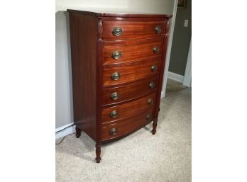 Fantastic Vintage 1940s Bow Front Tall Mahogany Six Drawer Chest With Carvings - Brass Hepplewhite Pulls