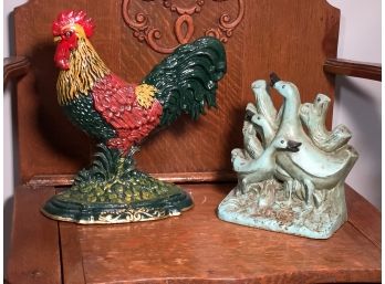 Two Vintage Style Cast Iron Door Stops - One Rooster - One Group Of Ducks - This Lot Is For The Birds !