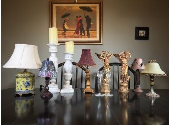 Fabulous 12 Piece Lamp & Candle Holder Lot PLUS Decorator Print - Lamp - Shades - Candle Holders & More