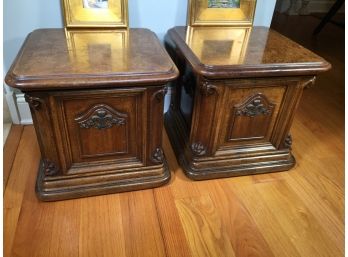 Great Looking Pair Of Low Tables / Plant Stands / Pedestals USE FOR ANYTHING ! - Burl Wood Tops GREAT PAIR !
