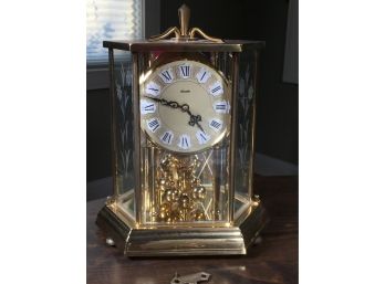 Vintage Brass KUNDO Anniversary Clock - Lovely Etched Glass Panels - Very Nice Piece - Should Be Working