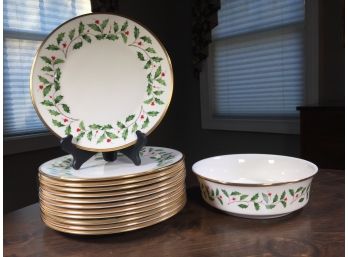 Lot Of Twelve (12) LENOX HOLIDAY / Christmas China / Dinner Plates & One Serving Bowl - CHRISTMAS IS COMING !