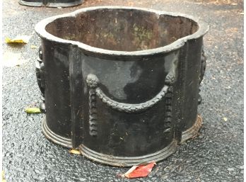 (2 Of 3) Fabulous Antique Cast Iron Garden Planter From France - Urn & Garland Motif - Old Black Paint