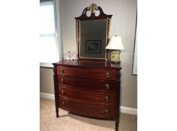 Beautiful Antique Mahogany Low Bow Front Chest With Brass Hepplewhite Pulls Comes With Beautiful Mirror
