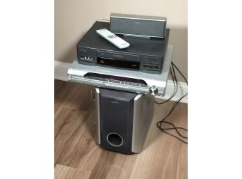 Group Of Electronic Items - SONY DVD Receiver With Remote - HITACHI Video Tape Recorder - Two SONY Speakers
