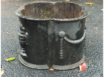 (3 Of 3) Fabulous Antique Cast Iron Garden Planter From France - Urn & Garland Motif - Old Black Paint
